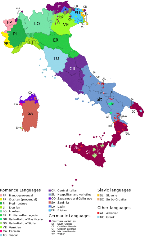 mapa linguistico idiomas italia